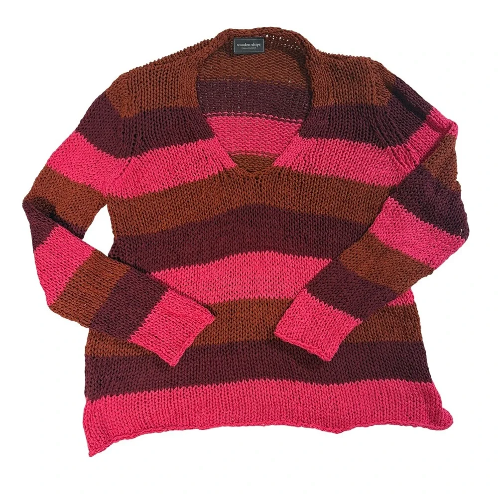 Wooden Ships Paola Buendia Striped V-Neck Knit Sweater Pink Burgundy Rust S/M